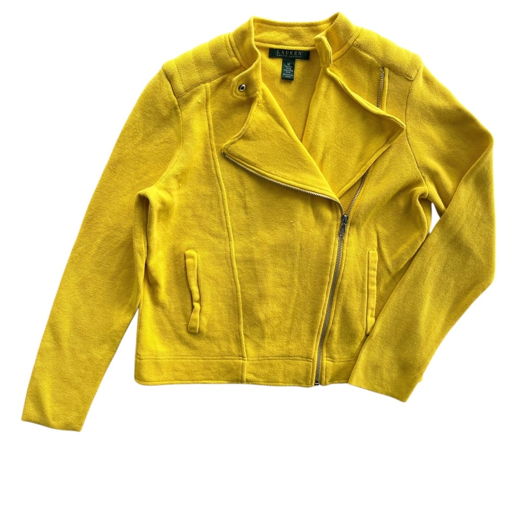 Lauren Ralph Lauren Women's Med Yellow Zip Cotton Sweater Knit Moto Jacket Biker